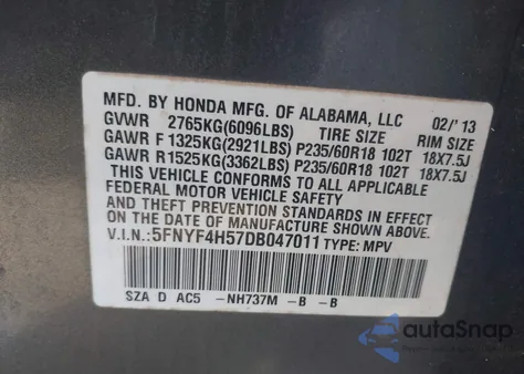 2013 Honda Pilot Ex-L из США, поврежденный, VIN 5FNYF4H57DB047011